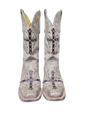 CAVENDER'S tan & brown distressed leather blingy cross cowgirl boots sz 7 EUC